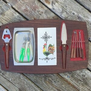 Midcentury Modern Wooden Serving Tray with Utensils